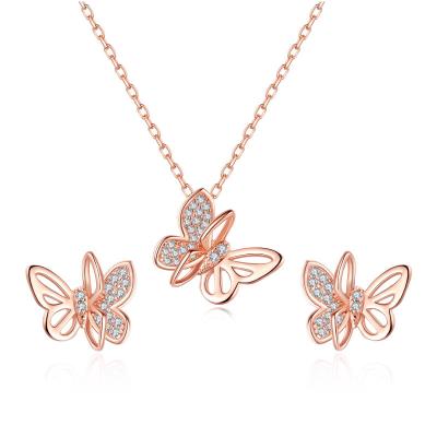 China TRENDY Silver Rose Gold CZ Diamond Charm Butterfly Necklace Earring Jewelry Set 925 Soild Costume For Girls for sale