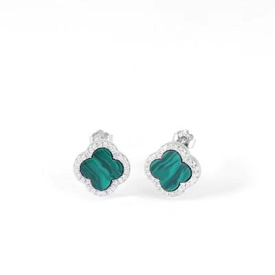 China FASHIONABLE Popular Jewelry Sterling Silver Four Leaf Clover Solid 925 White Gold Agate Black Malachite Gemstone Women Stud Earrings for sale