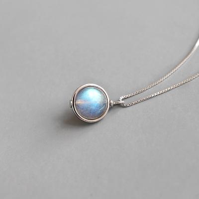 China High Quality Minimalism Round Gemstone Necklace Box Chain Moonstone Pendant Necklace 925 Sterling Silver Silver Wholesale for sale