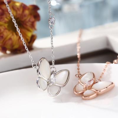 China Romantic Fashion Sterling Silver 925 White Shell Pearl Butterfly Necklace Charms Clavicle Chains Pendants for sale