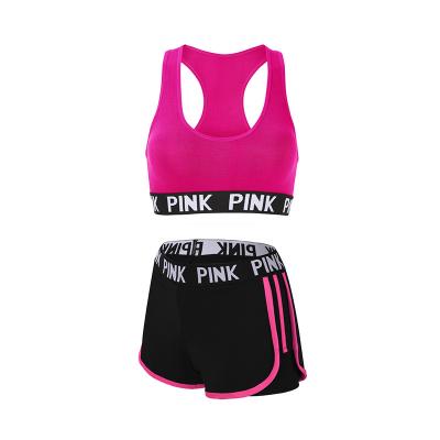 China Hot Selling Breathable Letter Sports Bra Fitness Two Piece Shorts Set Fitness Yoga Running Suit For Women for sale