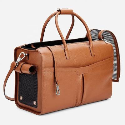 China Custom Made Viable Logo Pebble Leather Luxury Brown Women Travel Dog Cat Carrier Weekender Bag for sale