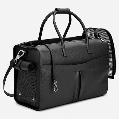 China Sustainable Pet Carrier Travel Bag, Custom Logo Black Pebble Leather Luxury Ladies Travel Dog Cat Carrier Weekender Bags/ for sale