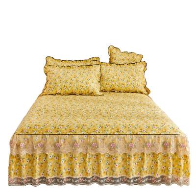 China Wholesale Court Wind Palace Style Small Floral Cotton Wrap Around Elastic Luxury Cotton Bed Skirt Set Home for sale