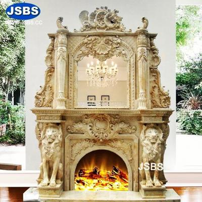 China Contemporary European Interior Decorative Hand Carved Yellow Marble Fireplace With Lion Statue for sale