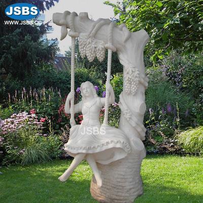 China Beautiful Modern White Marble Handmade Swing Girl Garden Statue for sale