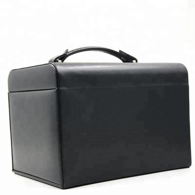 China Travel Black Luxury Jewelry Box Square Shape With Handle Leather Material for sale