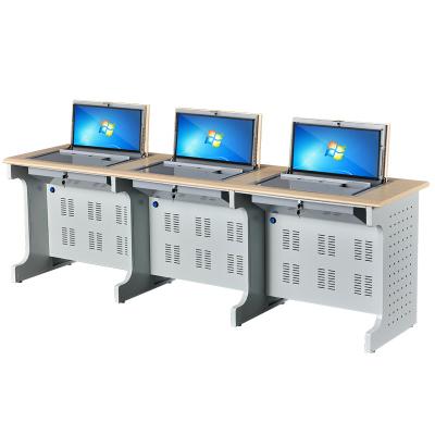 China Modern Multimedia Computer Desk Classroom Flip Top Lockable Table Three Seats for sale