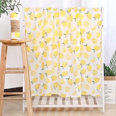 China PORTABLE 100%cotton muslin double layers gauze baby wrap blanket cute fruit print special for shower for sale