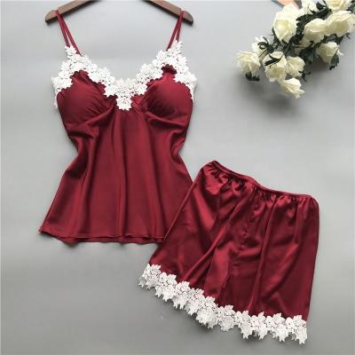 China Women's QUICK DRY Deep High-End Nightwear Sleep Wear Condole Plant V-Belt Silk Shorts Pajamas for sale