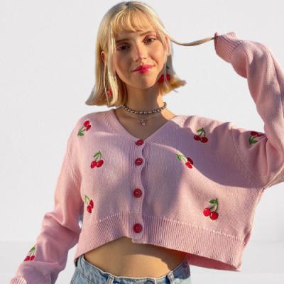 China Autumn New Style Cherry Embroidery Anti-pilling Sweater Women's Knitted Top Blouses Loose Short Long Coat Women for sale