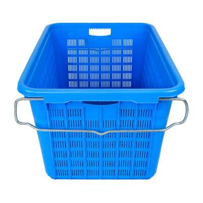 China Fruit Vegetable Basket Plastic Storage Crate Mesh Turnover Plastic Nestable Basket Metal Handle for sale