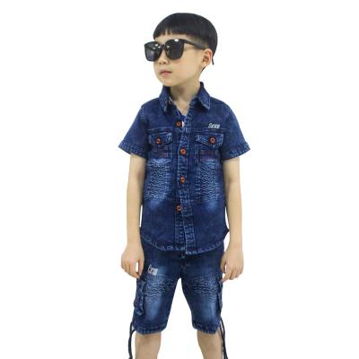 China Latest Design Boys Denim Casual Blue Clothing Suit Short Sleeve 2 Pieces Sets Fabrics For Kids for sale