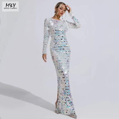 China New Autumn Multicolor Sequin Dress Long Sleeve Off Back Sexy Party clothing Fashion Elegant Sexy Women's Star Club Evening Dress for sale