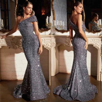 China Customized Full Sequin One Shoulder Waist Waist Women's Long Evening Dress Luxury Large Elegant Party Prom Dresses for sale