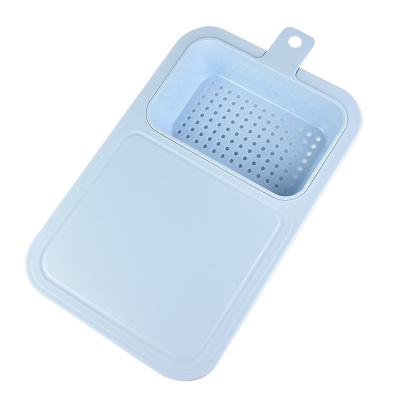 China Sustainable Fast Delivery Multi-Function Over-Sink Plastic Cutting Board With Removable Filter Storage Basket Colander for sale