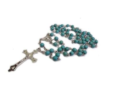 China Plastic Unique Blue Catholic Rosary Necklace Beads Turquoise Ground Holy Medal and Cross for sale