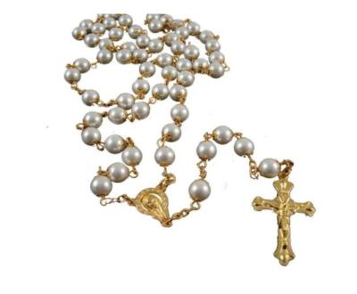 China Pearl Pray Pearl Jesus Cross Necklace 8mm Gold Beads Rosary for sale