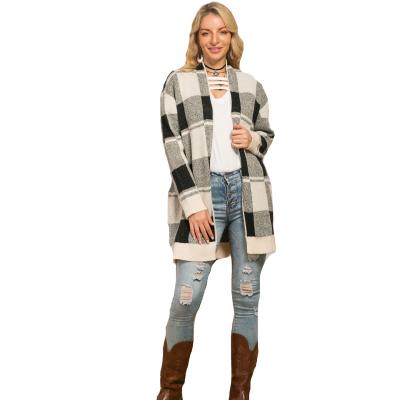 China Anti-Wrinkle In Stock Women Autumn Knitted Medium-Length Plus Size Casual Plaid Cardigan Sweater Tops for sale