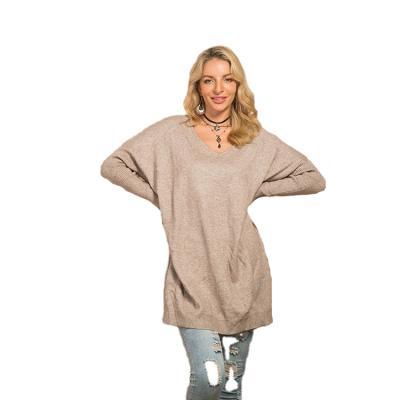 China Anti-wrinkle ready to ship winter sweater fashion v-neck ladies solid long plus size sweater for women for sale