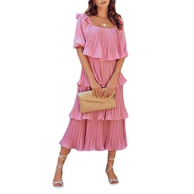 China Breathable Amazon Fashion Solid Color Square Neck Lantern Sheath Off The Shoulder Patchwork Dress for sale