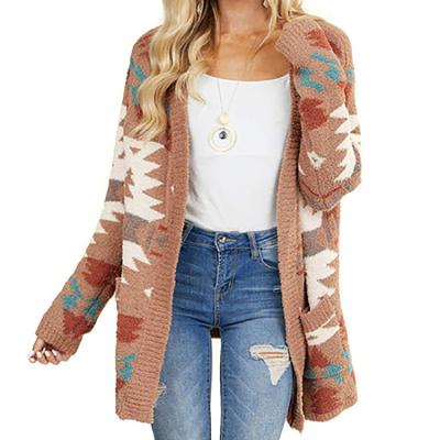 China 2021 Breathable Fashion Wholesale Women Autumn Bulks Long Aztec Print Cardigan Sweater Coat for sale