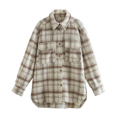 China 2021 Breathable Ready To Ship Fashion Plus Size Jacket Flannel Comfortable Plaid Shacket For Women for sale