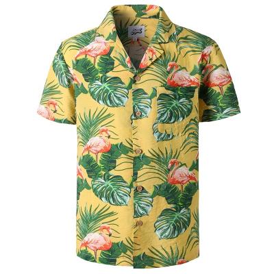 China Breathable Yellow Flamingo Hawaiian Shirt Print Casual Shirt For Men's Short Sleeve Shirt for sale