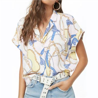 China Breathable Chain Design Printed Rayon Fabric Ladies Clothes Lady Blouse And Top for sale