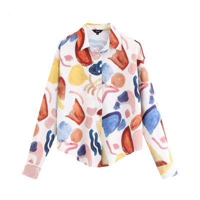 China Breathable Chic Print Turn Down Collar Casual Shirt Women Summer Top Blouse for sale