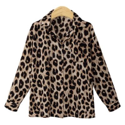 China Breathable V-neck Leopard Print Long Sleeve Women Shirt Chiffon Blouse for sale