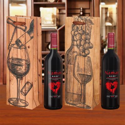 China Recycled Materials Wholesale Ready To Ship Premium Wood Grain Vintage Wine Gift Bag Wine Glass Carrier Bag for sale