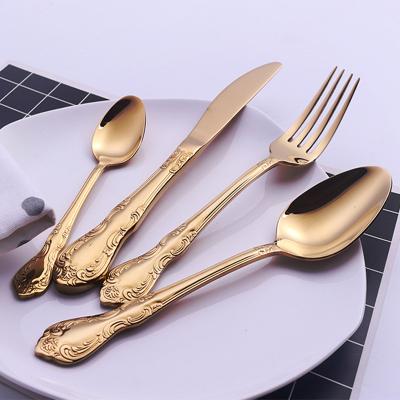 China Sustainable Luxury Stainless Steel Fork Knife Wedding Christmas Gift Gold Cutlery Set 18/10 Flatware for sale