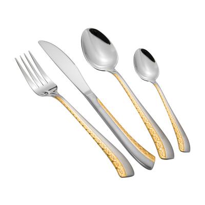 China Sustainable Luxury Golden Cutlery Set For Wedding, Restaurant Gold Flatware Knife Set, Spoon And Fork Silverware for sale