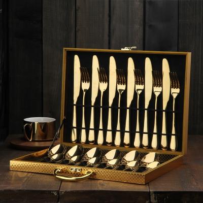 China Sustainable Pvd Stainless Steel Metal Gold Plated 24 Piece Stock Elegant Cutlery Set For Wedding Party for sale