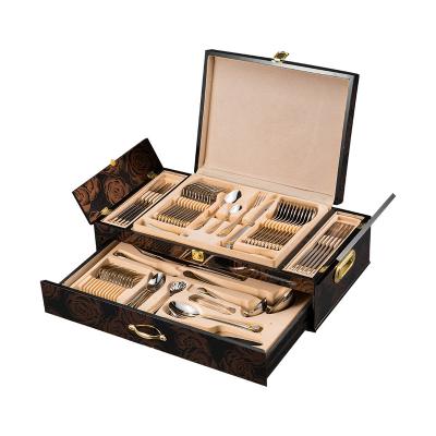 China 72/84/86 Gold 86 Pcs Gottinghen Stainless Steel Flatware Viable Cutlery Set With Wooden Case for sale