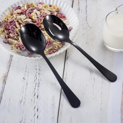 China Viable High Quality Strong Rose Gold Serving Spoon and Salad Spoon Black Stainless Steel Set For Dinner Restaurant for sale