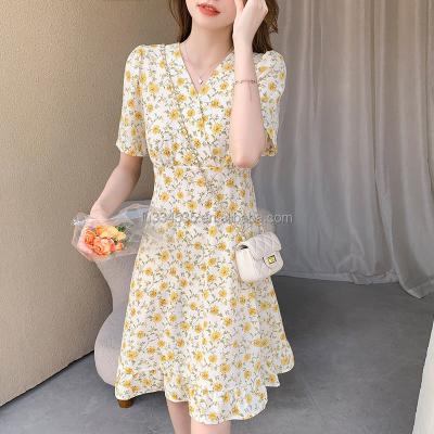 China Temperament Breathable Short Sleeve Floral Round Neck Women's Dress Summer Floral Printing Mid Length Dress For Women for sale