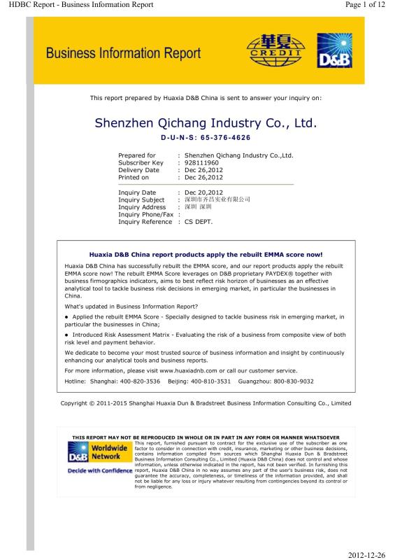 Business Information Report - Shenzhen Qi Chang Industry Co.,Ltd