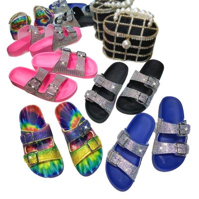 China Wholesale Fashion Trend Diamond Slide Women Slipper Double Color Buckle Rhinestone Flat Bling Sandal for sale