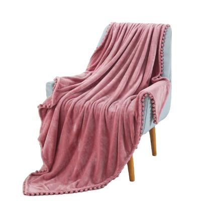 China Anti-Static Throw Blanket for Couch, Soft Fleece Plush Blanket with Pompom, Cozy Flannel Blankets with Fringe for sale