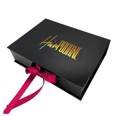 China Recyclable Custom Black Magnetic Flip Hair Extension Cardboard Gift Box Wig Makeup Box Packaging With Satin For Perfume for sale