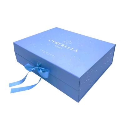 China Recycled Materials Empty Large Blue Magnetic Logo Cardboard Paper Box Custom Shipping Gift Boxes Clothes Folding Box With Bow for sale