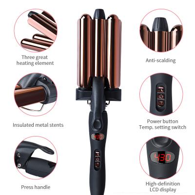 China Heat Three Barrel Curling Iron Wand with LCD Temperature Display - 1 Inch Ceramic Tourmaline Triple Barrels, Dual Tension Crimp for sale