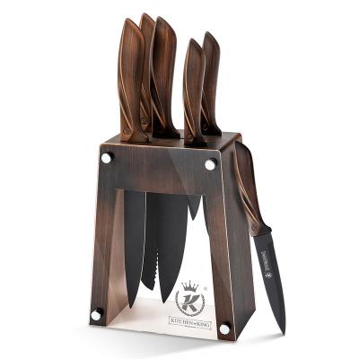 China Kitchen King 6pcs Sustainable Knife Set Black Series Handle Chef Copper Coating Knife Set With Transparent Block for sale