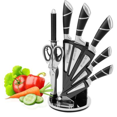 China Workable Kitchen King 9 Pcs Kitchen Knife Set Cutting Cleaver Full Paint Stainless Steel Black Hollow Handle With Stand for sale