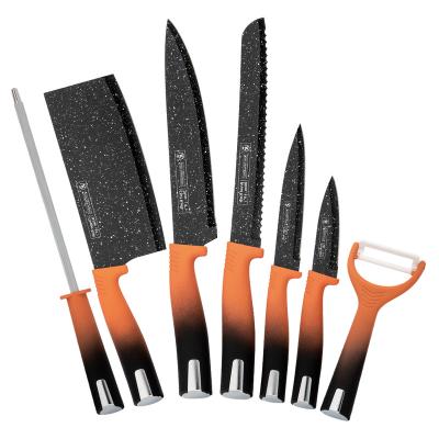 China Sustainable Kitchen King Of 8 Pieces Stainless Steel Knives Set Orange Color Handle With Cleaver Knife For Kitchen for sale