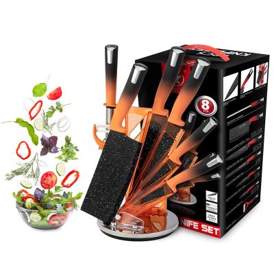 China Sustainable Kitchen King Stainless Steel Black Knife Set With Colorful Cleaver 8 Pcs Knife Set With Stand And Sharpener for sale