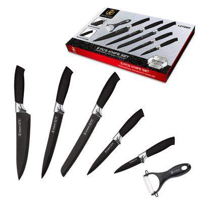 China Viable King Quality LOW MOQ 6 PCS Kitchen Knife Set Non Stick Coating Black Kitchen Gift Box Knife Set for sale