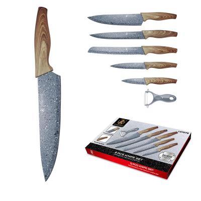 China Kitchen King Wooden Grain 6 Pcs Nonstick Color Coating Knife Set Pisau Marble Stocked Dapur for sale